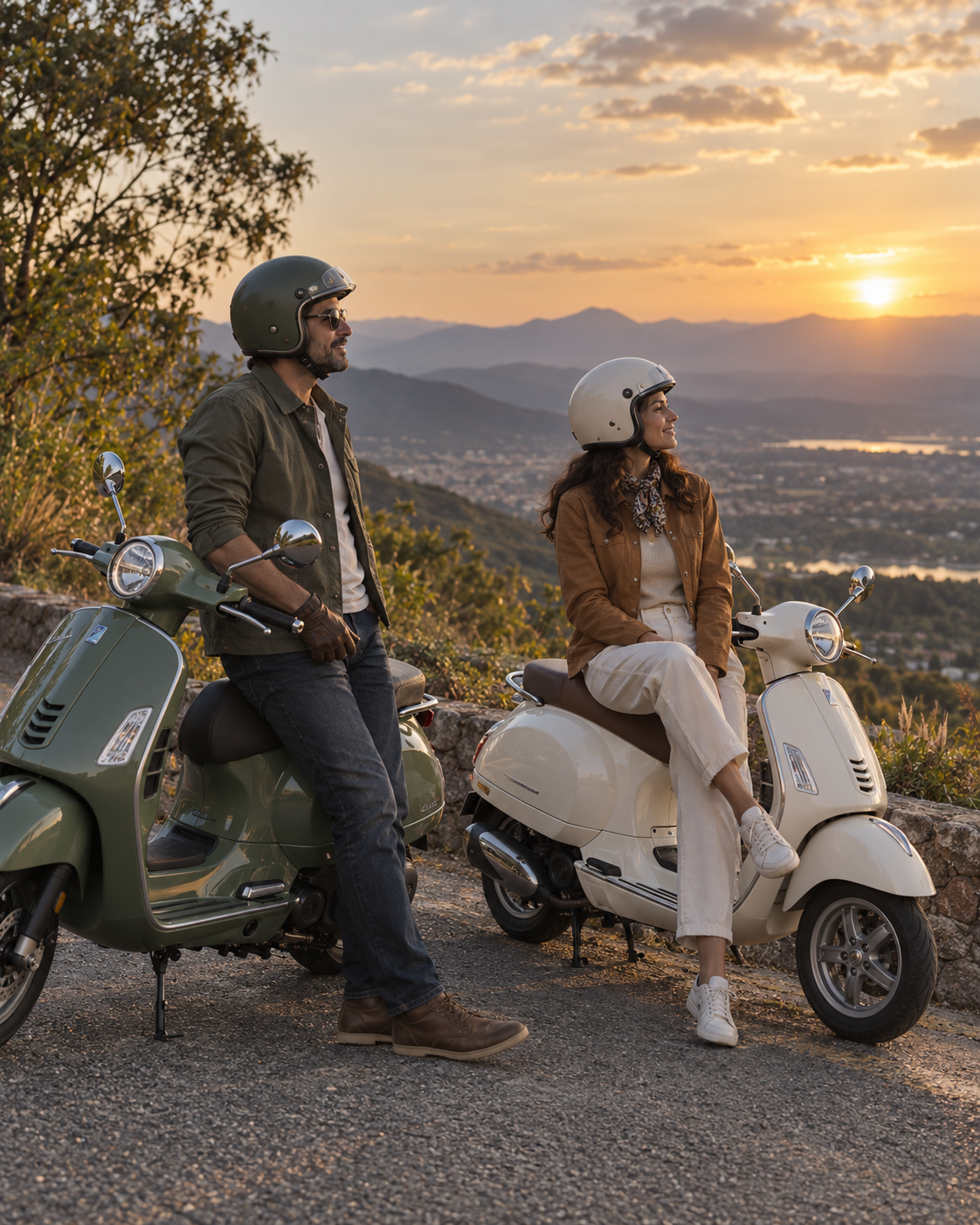 Pareja lista para salir de la ciudad en Vespa