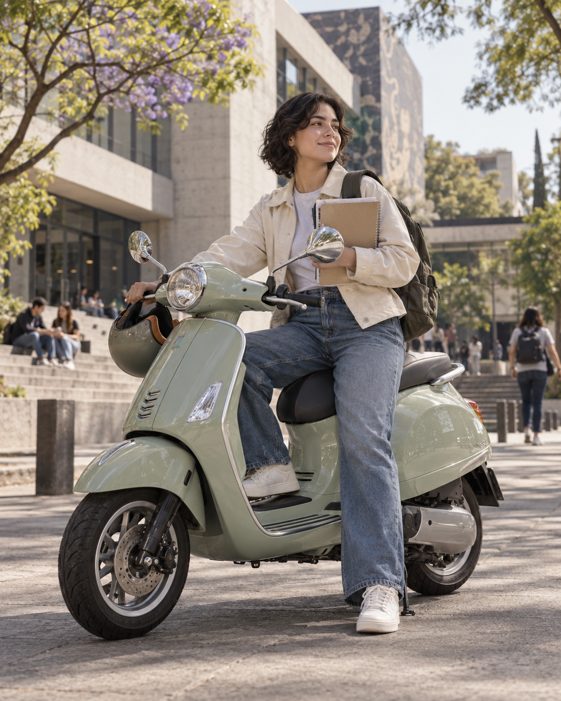 Estudiante junto a su Vespa