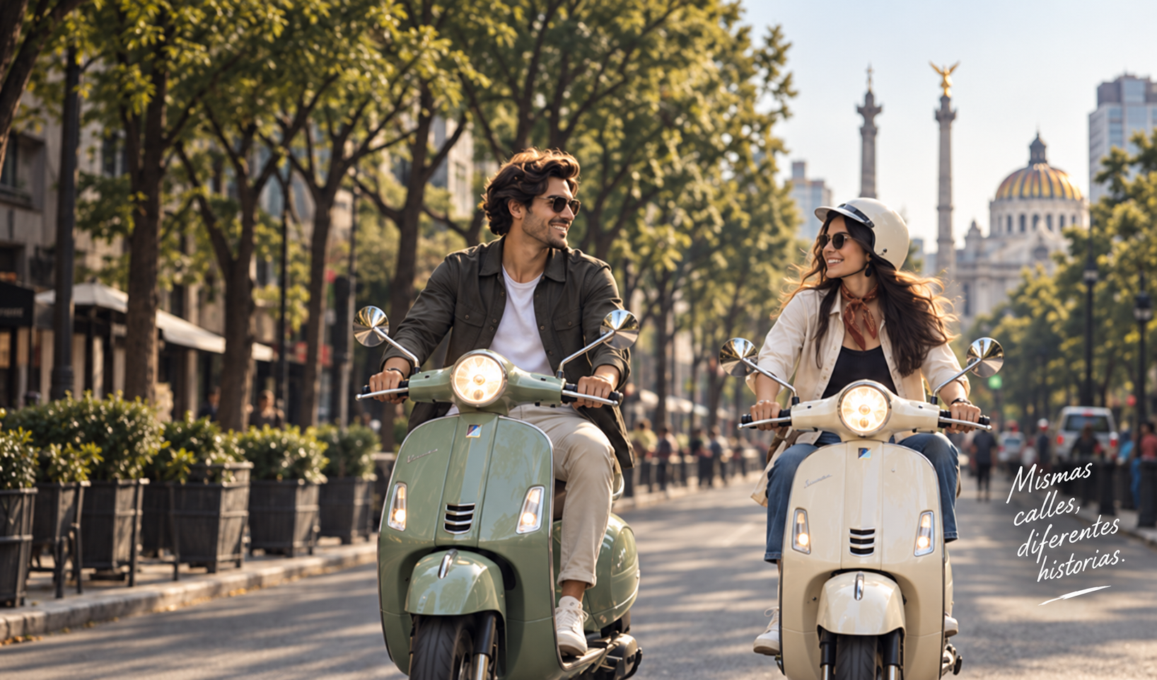 Dos personas recorriendo Ciudad de México en Vespa